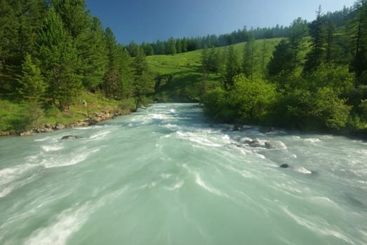 The mountain river in the mountains. Current through the gorge the river. Stones and rocky land near the river. Beautiful mountain landscape.