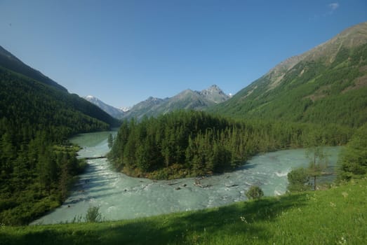 The mountain river in the mountains. Current through the gorge the river. Stones and rocky land near the river. Beautiful mountain landscape.