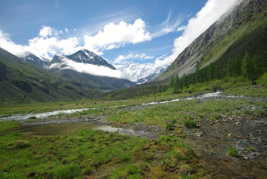 The mountain river in the mountains. Current through the gorge the river. Stones and rocky land near the river. Beautiful mountain landscape.