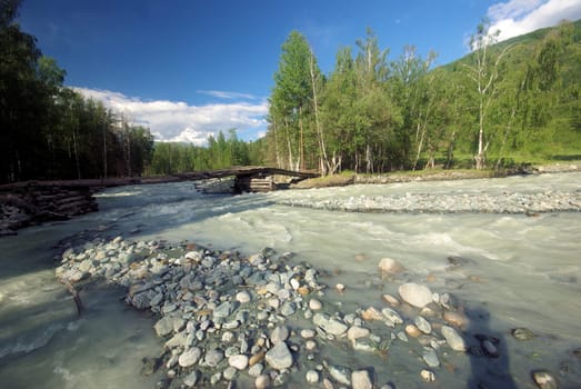 The mountain river in the mountains. Current through the gorge the river. Stones and rocky land near the river. Beautiful mountain landscape.