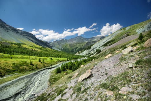 The mountain river in the mountains. Current through the gorge the river. Stones and rocky land near the river. Beautiful mountain landscape.