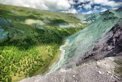 The mountain river in the mountains. Current through the gorge the river. Stones and rocky land near the river. Beautiful mountain landscape.