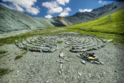 The mountain river in the mountains. Current through the gorge the river. Stones and rocky land near the river. Beautiful mountain landscape.