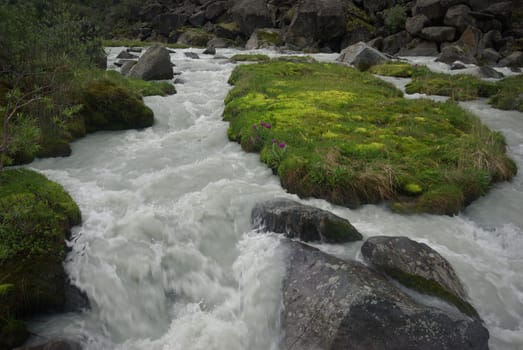 The mountain river in the mountains. Current through the gorge the river. Stones and rocky land near the river. Beautiful mountain landscape.
