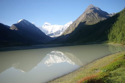 The mountain river in the mountains. Current through the gorge the river. Stones and rocky land near the river. Beautiful mountain landscape.