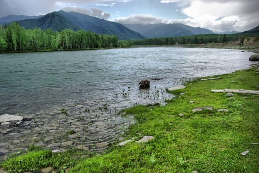 The mountain river in the mountains. Current through the gorge the river. Stones and rocky land near the river. Beautiful mountain landscape.
