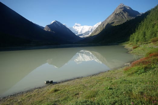 The mountain river in the mountains. Current through the gorge the river. Stones and rocky land near the river. Beautiful mountain landscape.