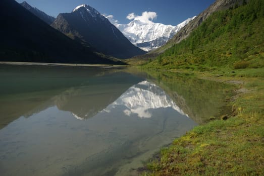 The mountain river in the mountains. Current through the gorge the river. Stones and rocky land near the river. Beautiful mountain landscape.