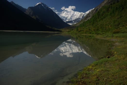 The mountain river in the mountains. Current through the gorge the river. Stones and rocky land near the river. Beautiful mountain landscape.