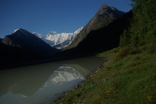 The mountain river in the mountains. Current through the gorge the river. Stones and rocky land near the river. Beautiful mountain landscape.
