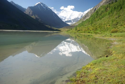 The mountain river in the mountains. Current through the gorge the river. Stones and rocky land near the river. Beautiful mountain landscape.