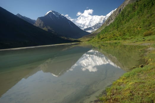 The mountain river in the mountains. Current through the gorge the river. Stones and rocky land near the river. Beautiful mountain landscape.
