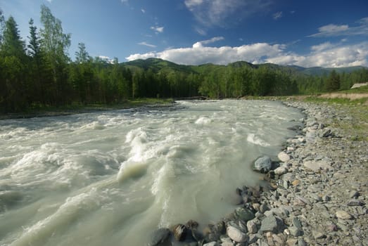 The mountain river in the mountains. Current through the gorge the river. Stones and rocky land near the river. Beautiful mountain landscape.