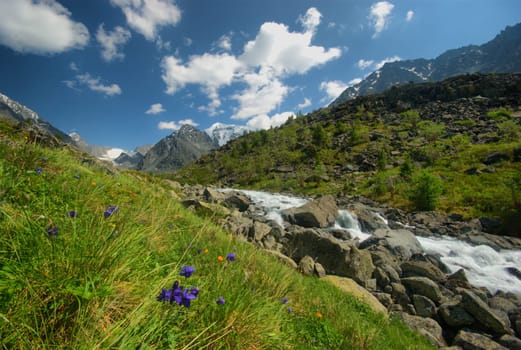 The mountain river in the mountains. Current through the gorge the river. Stones and rocky land near the river. Beautiful mountain landscape.