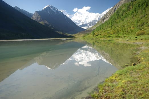 The mountain river in the mountains. Current through the gorge the river. Stones and rocky land near the river. Beautiful mountain landscape.
