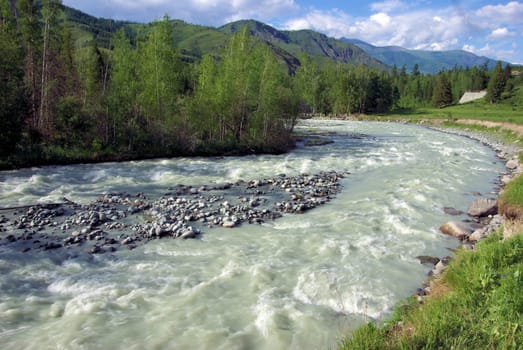 The mountain river in the mountains. Current through the gorge the river. Stones and rocky land near the river. Beautiful mountain landscape.