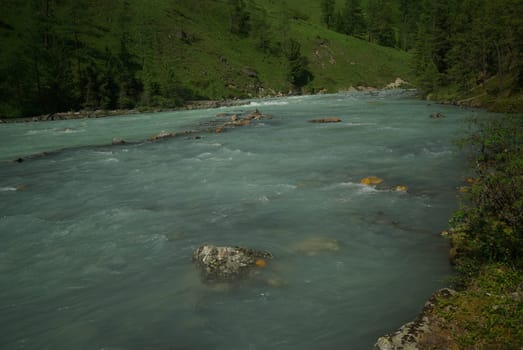 The mountain river in the mountains. Current through the gorge the river. Stones and rocky land near the river. Beautiful mountain landscape.
