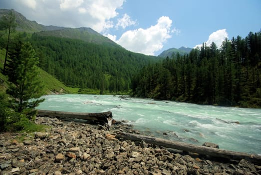 The mountain river in the mountains. Current through the gorge the river. Stones and rocky land near the river. Beautiful mountain landscape.