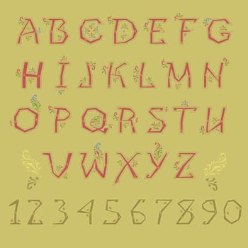 Folk Alphabet. Red letters and green numbers with floral geometric decor.  Illustration