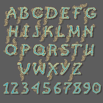 Royal Alphabet. Green letters and numerals with yellow graceful decor.  Illustration