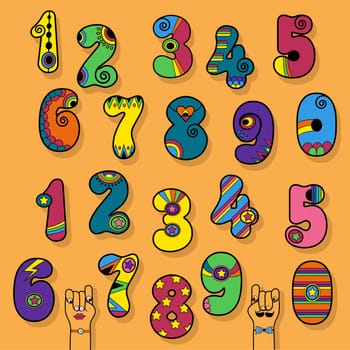 Numbers Set. Hippie, Disco and Superhero Style. Colorful Numerals with vintage decor. Cartoon Hands. Illustration