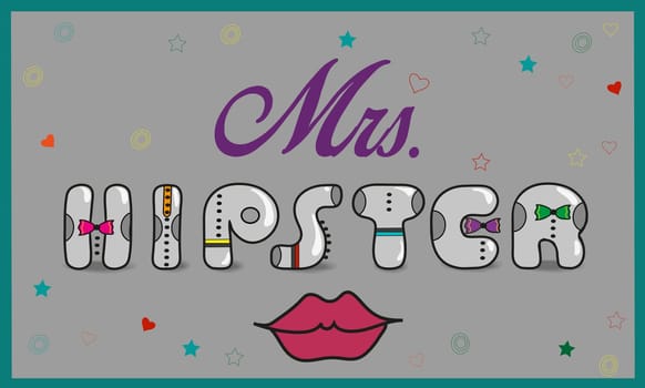 Inscription Mrs. Hipster. Vintage artistic font. Gray letters with colorful ties. Red lips. Illustration.