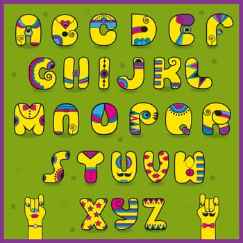 Dandy Alphabet. Artistic font. Funny yellow pink letters. Cartoon hands looking at each other. Illustration.