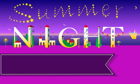 Summer Night. Funny Invitation. Inscription for poster. White houses on the night beach. Stars in the sky. Banner for custom text. Illustration.