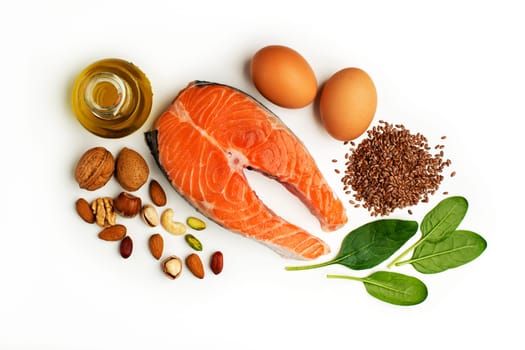 Mixed fresh healthy food on white background