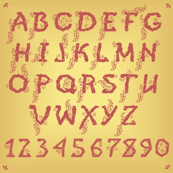 Ethnic Red Floral Alphabet. Unusual font. Country style.  Illustration.