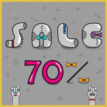 Sale. Seventy percents. Inscription with hipster style. Gray letters with coloful ties. Cartoon hands looking at each other.  Illustration.