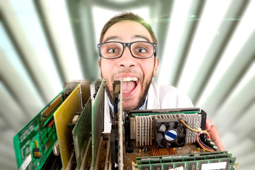 Happy nerd engineer posing with computer components