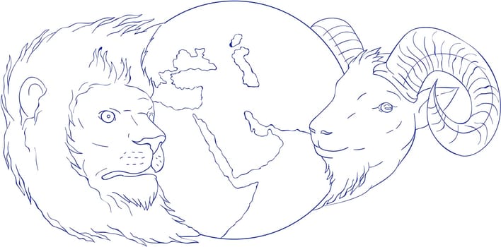 Drawing sketch style illustration of a lion and a ram head with globe showing middle east in the middle set on isolated white background.