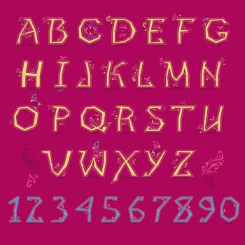 Festive Alphabet. Yellow letters and blue numbers with floral geometric decor. Illustration