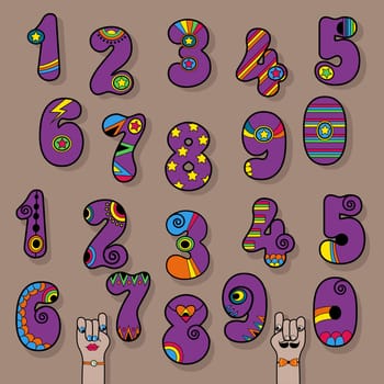 Set of Vintage Numerals. Purple signs with bright colorful decor. Superhero and Disco Style. Cartoon Hands. Illustration