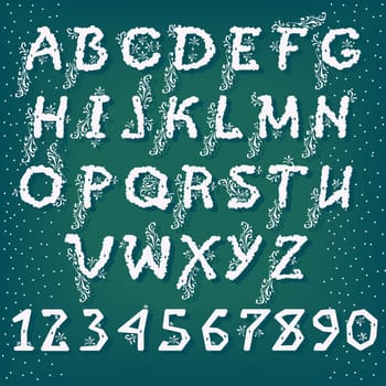 Winter Alphabet. White letters and numbers with floral geometric decor. Illustration