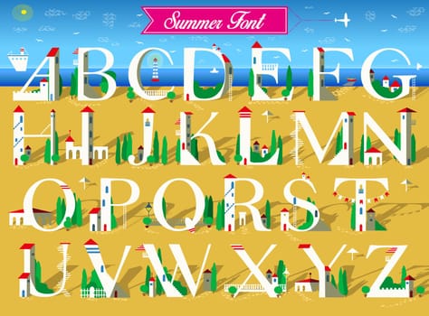 Summer Font. Signs are as white houses with red roofs, doors, windows and stairs. Yellow and blue background is as sea and beach. Pink banner with text and plane in the sky. Illustration