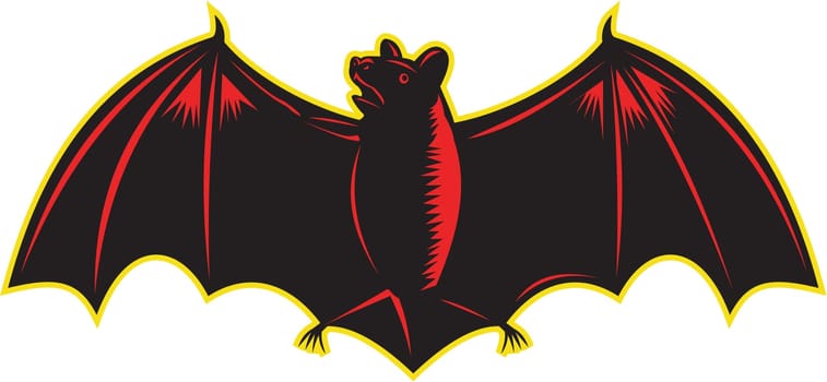 Illustration of bat looking up to the side with wings spread out viewed from front set on isolated white background.