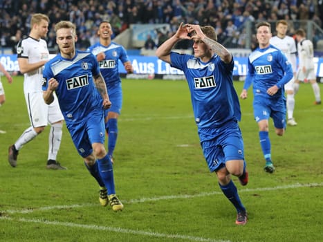 Nils Butzen and goal scorer Richard Weil ( both 1.FC Magdeburg at 3rd league season 2016/2017 point game 1.FCM against SC Preußen Münster