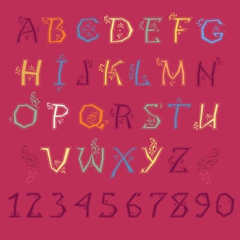 Festive Alphabet. Colorful letters and purple numbers with floral geometric decor. Illustration