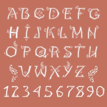 Floral Alphabet. White letters and numbers with graceful decor. Illustration