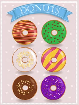 Set of cute colorful donuts. Blue banner with white inscription - Donuts. illustration.