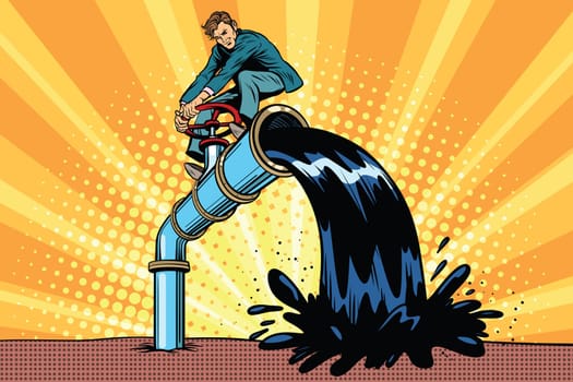 Oil is polluting, businessman on the tube. Pop art retro comic book vector illustration. Ecology and saving nature