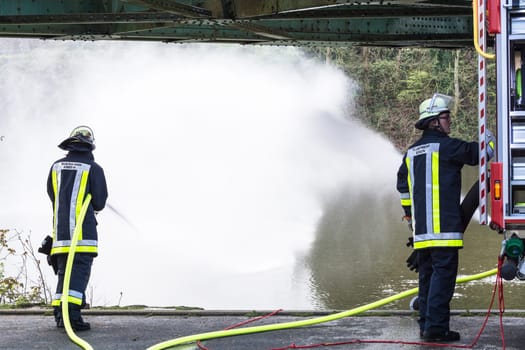 Essen Kettwig,Nrw,Germany - April 28,2016:. Fire brigade training operation in Essen Kettwig,Germany. Firefighters in uniform during training..