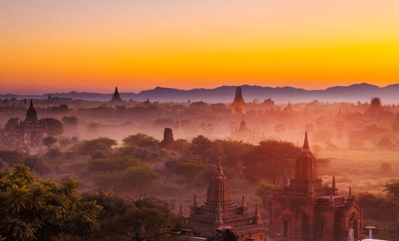 Scenic view of ancient Bagan temple during golden hour