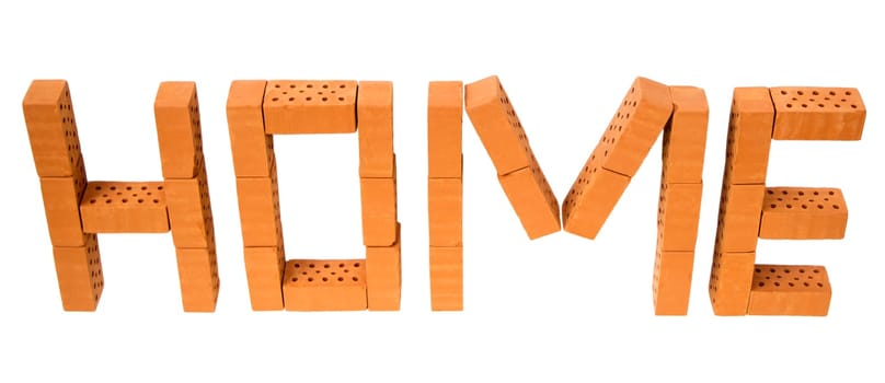 The word "Home"" made of mini bricks on a white background."