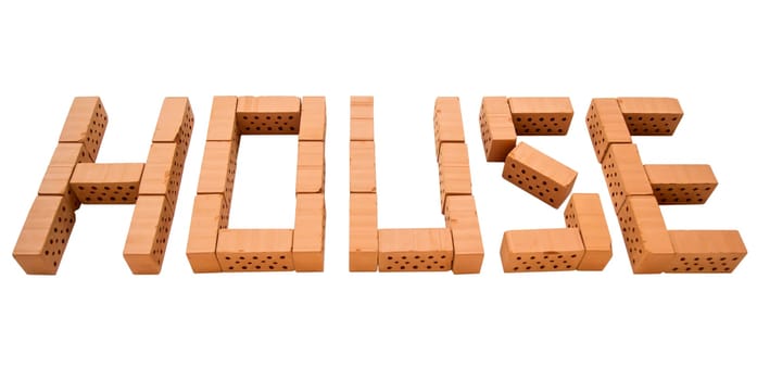 The word "house"" made of mini bricks on a white background."