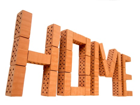 The word "Home"" made of mini bricks on a white background."
