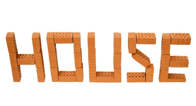The word "house"" made of mini bricks on a white background."