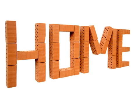 The word "Home"" made of mini bricks on a white background."